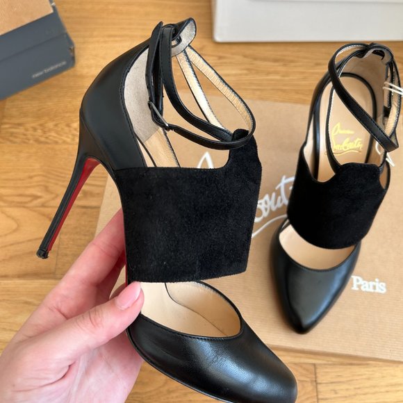 Christian Louboutin Trotter Banded Strappy Pumps Black Leather Suede Ankle Wrap - Picture 6 of 15
